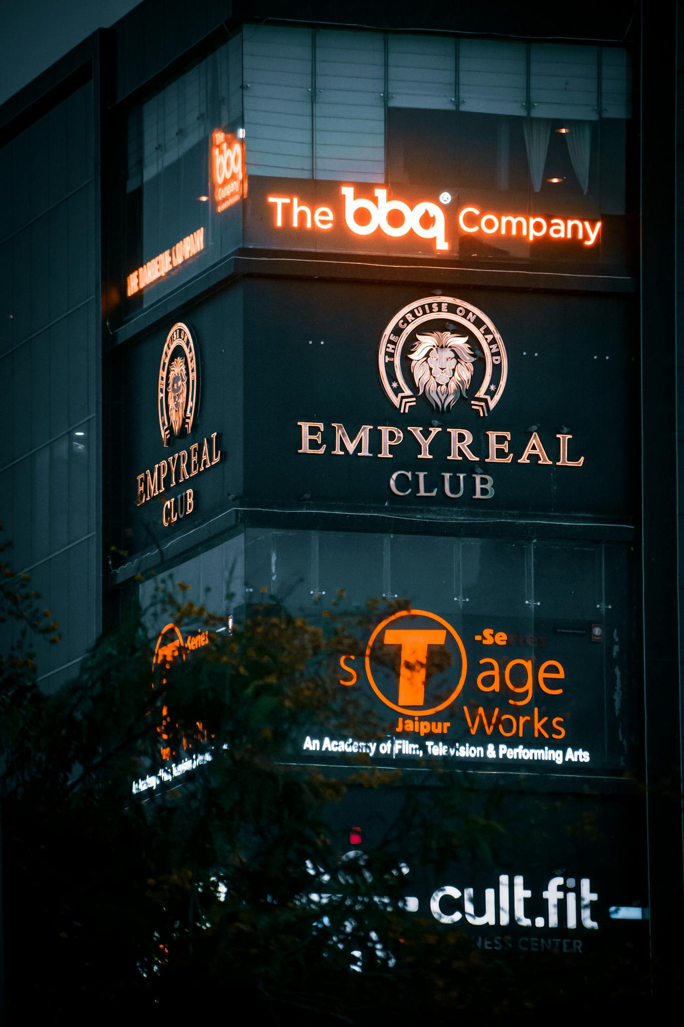 Close-up of illuminated business signs on a building facade during nighttime highlighting city life.